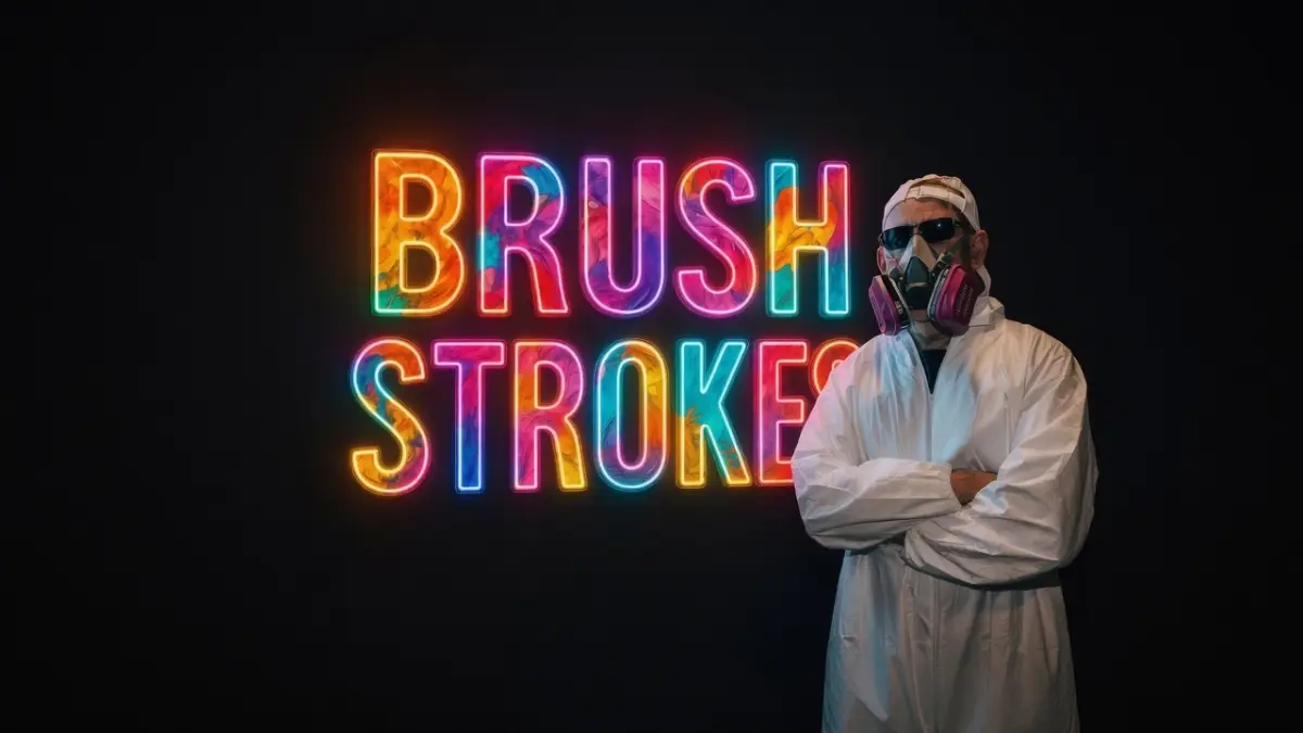 Brushstrokes neon logotype glowing behind the masked artist